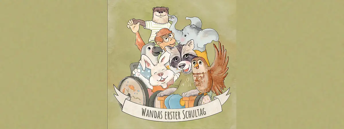 Illustration von verschiedenen, lachenden, glücklichen Tieren vor einem grünen Hintergrund. Am unteren Rand ist ein Banner mit dem Text „Wandas erster Schultag“ zu sehen.